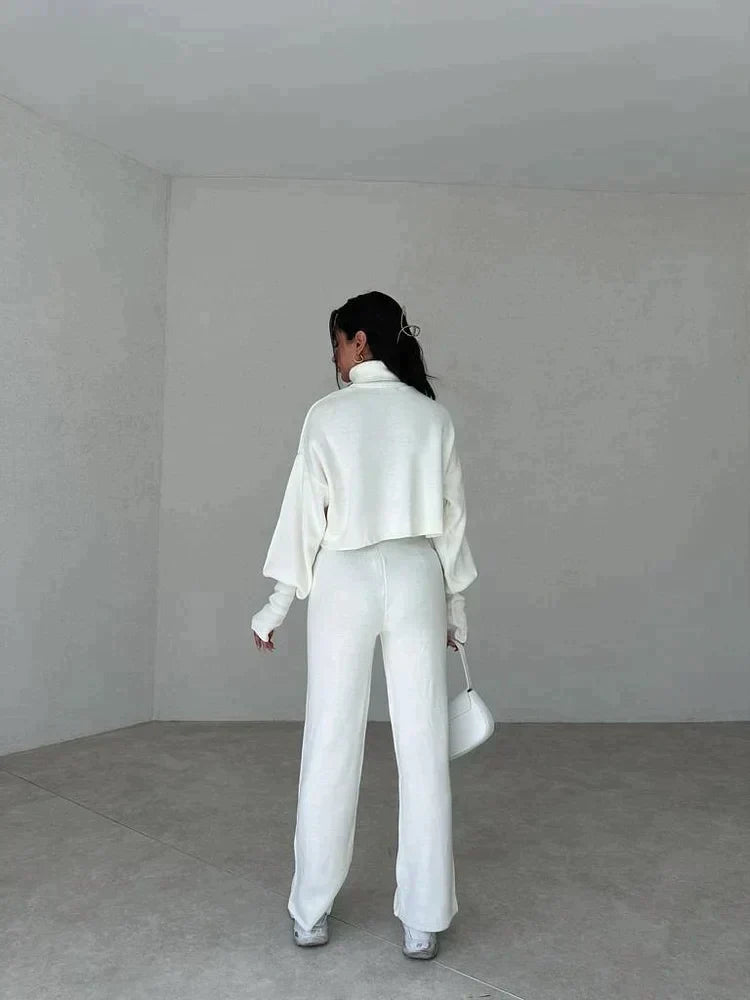 Ensemble Femme Deux Pièces Pull Col Montant Oversize Pantalon Droit