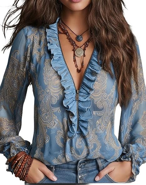 Elise | Top à volants avec imprimé paisley baroque