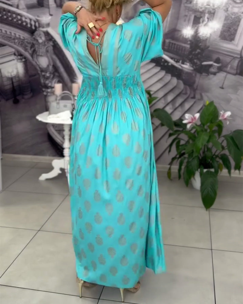 Robe maxi à taille élastique avec imprimé de vacances