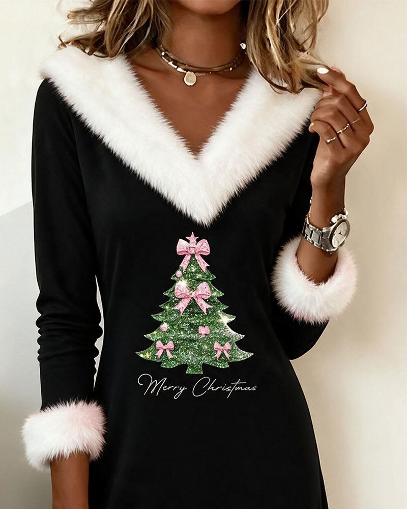 Robe de Noël Slim-Fit avec Col en Fausse Fourrure en V