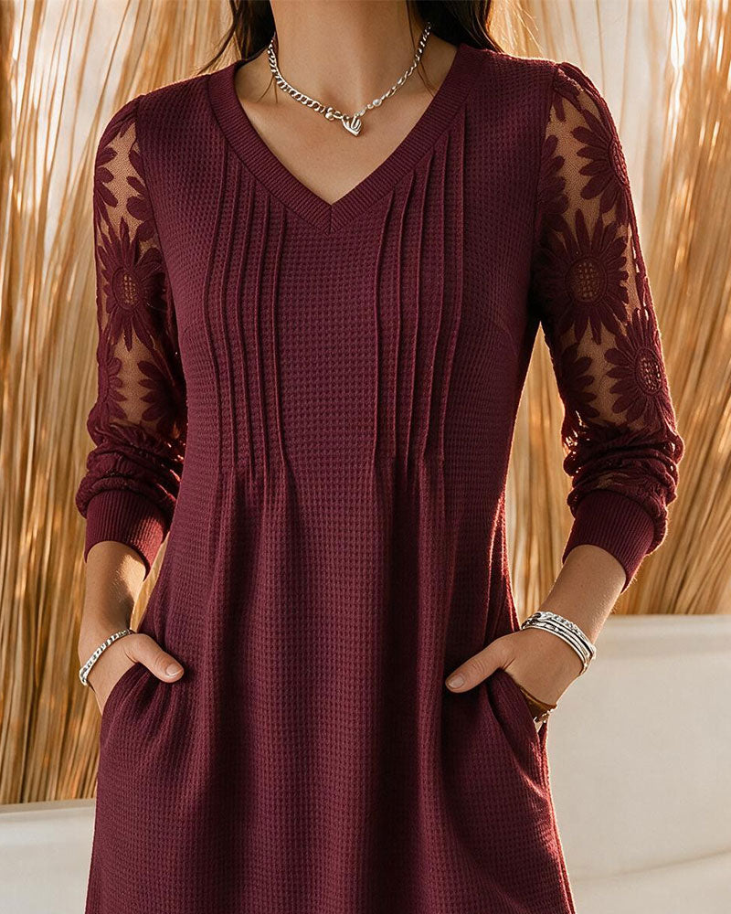 Robe Patchwork Froncée à Col V
