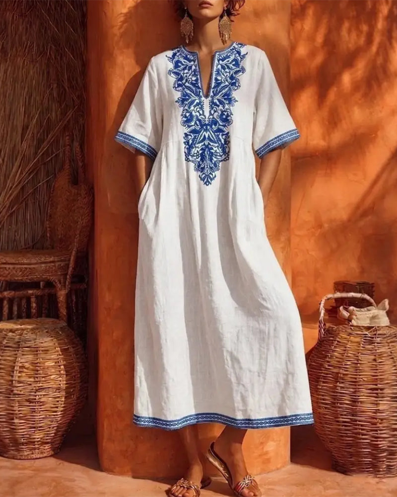Robe Col En V Bohémienne Jupe Ample Poche