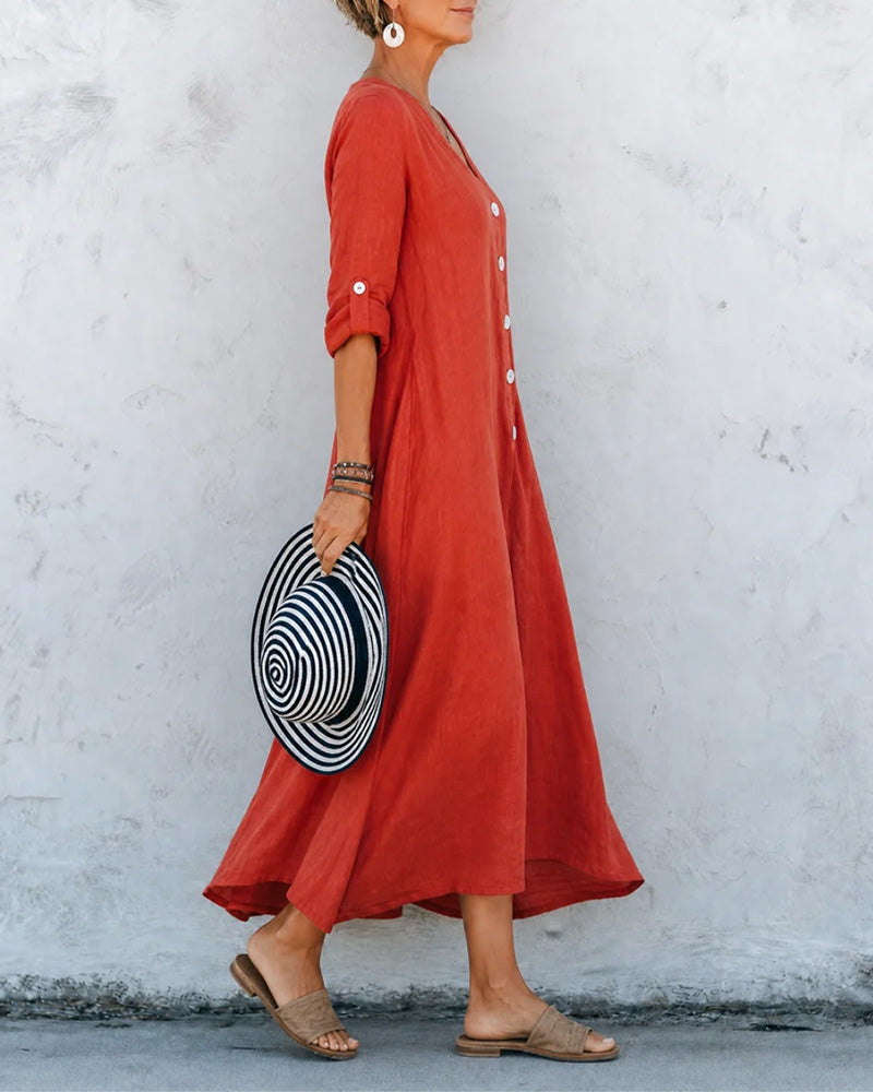 Robe Col En V Bouton Coupe A Longue