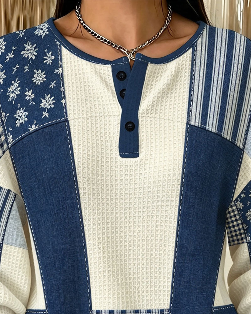 Sweat-shirt à Col Rond avec Boutons et Imprimé Floral à Carreaux
