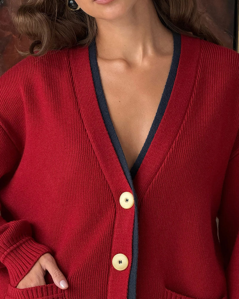 Cardigan à col en V avec boutons et poches en color block