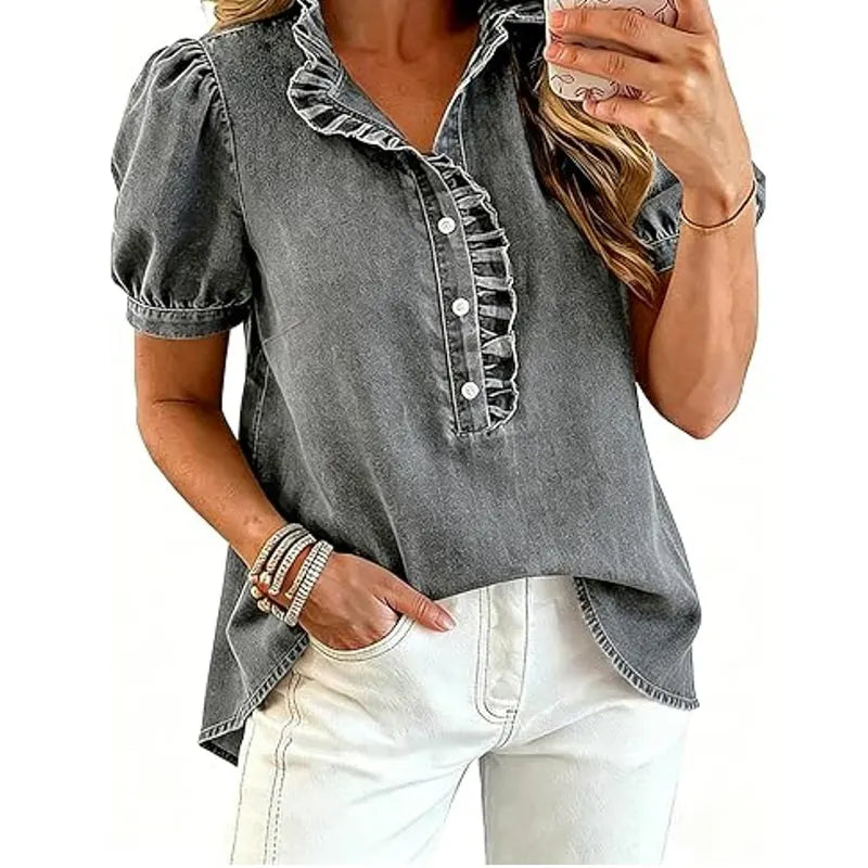 Haut femme en denim avec col volanté et manches bouffantes