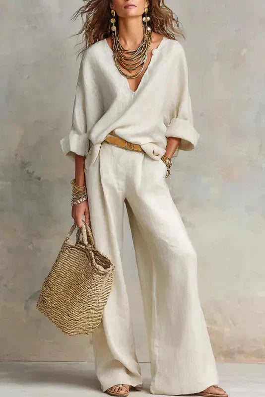 Ensemble femme fluide à col V avec pantalon large