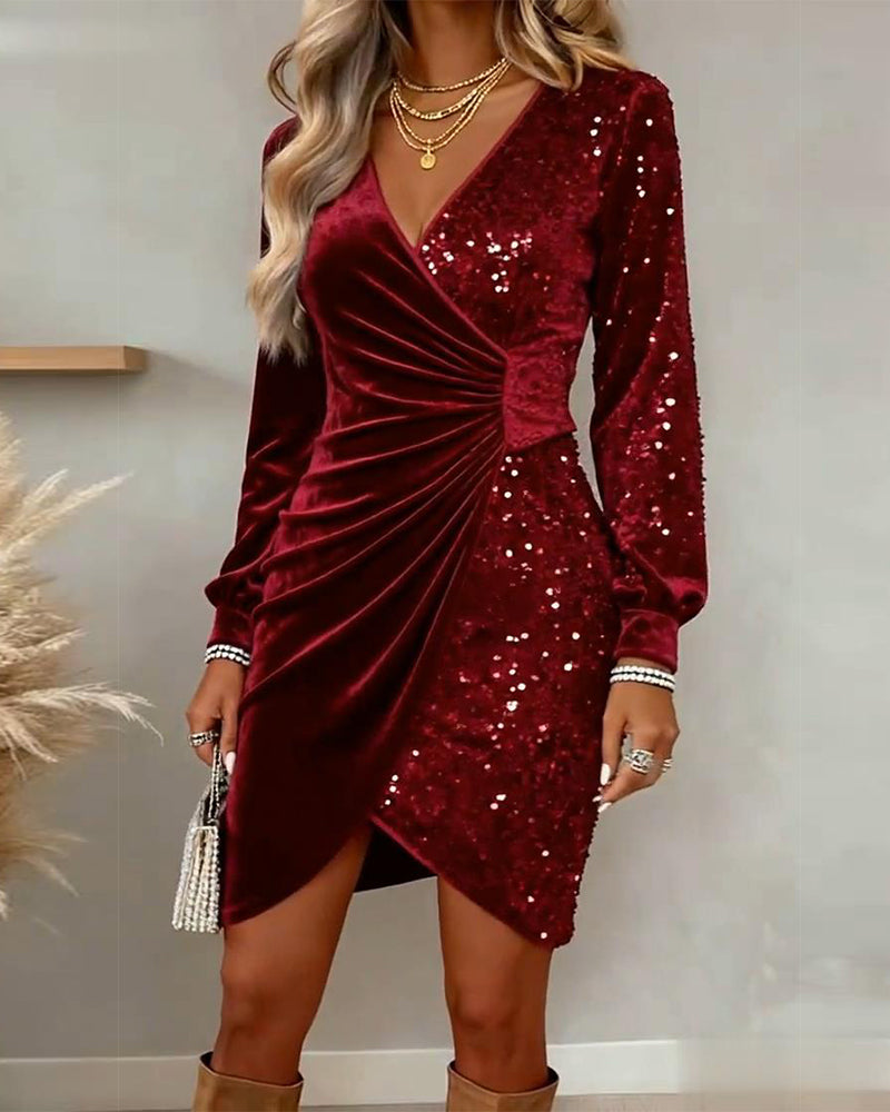 Robe en Velours à Paillettes avec Décolleté en V Sexy