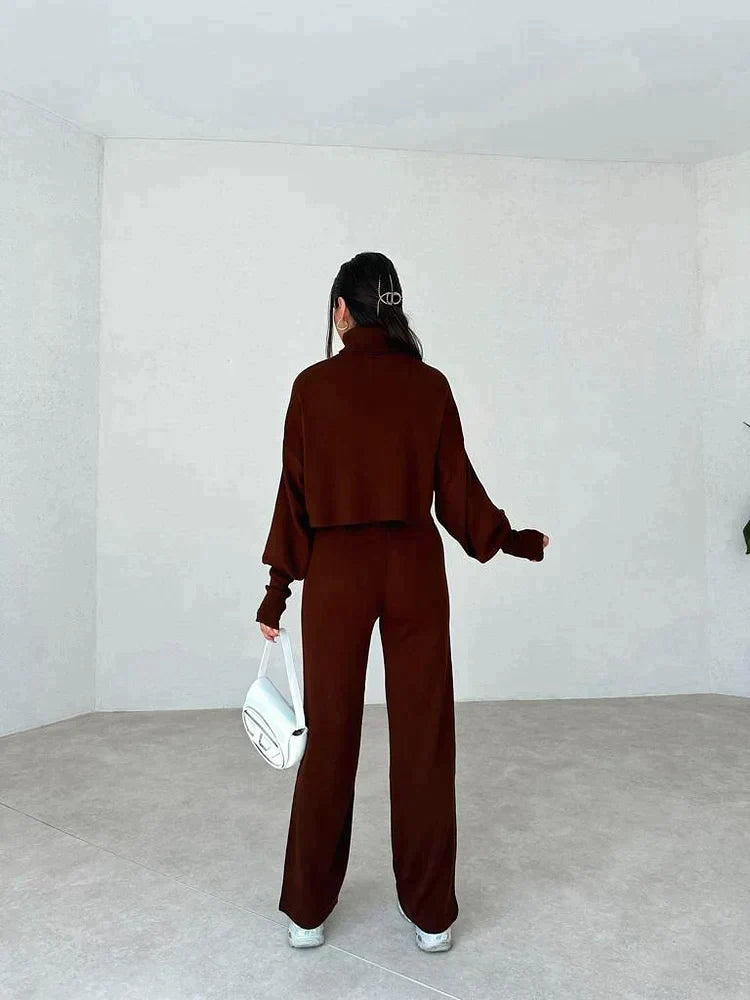 Ensemble Femme Deux Pièces Pull Col Montant Oversize Pantalon Droit