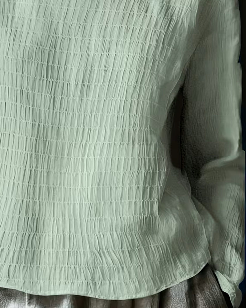 Blouse Col Rond Froncé Dentelle Panneau Unie
