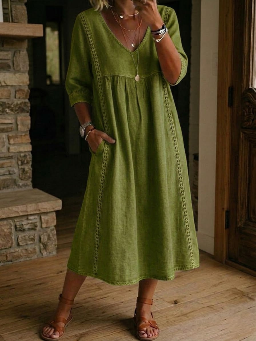 Robe femme coton-lin avec dentelle et col V