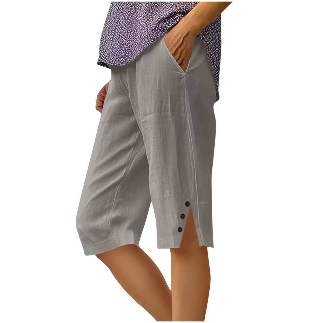 Pantalon capri femme uni avec poches latérales