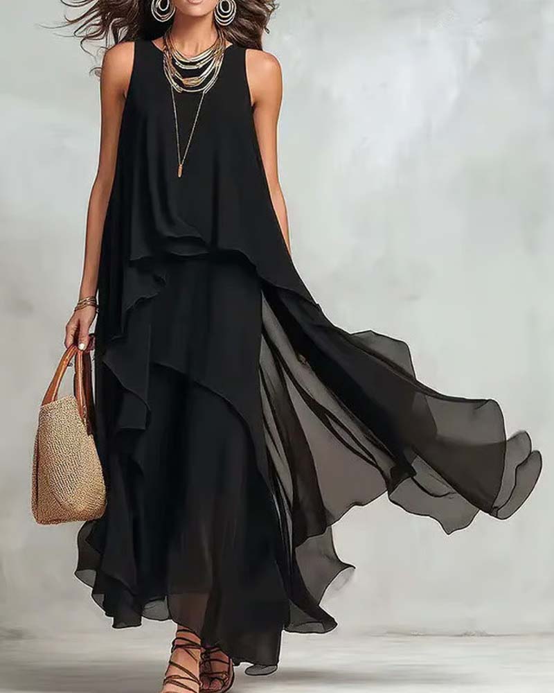 Robe Col Rond Sans Manches Chiffon Irrégulière