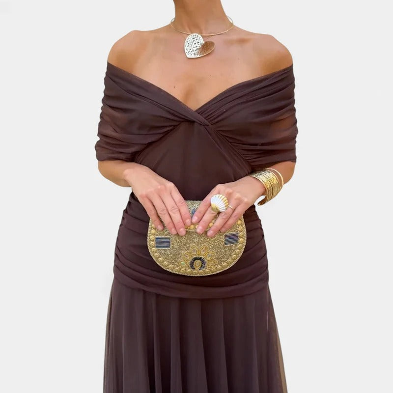 Madison | Robe Midi en Chiffon à Épaules Dégagées avec Détails Froncés