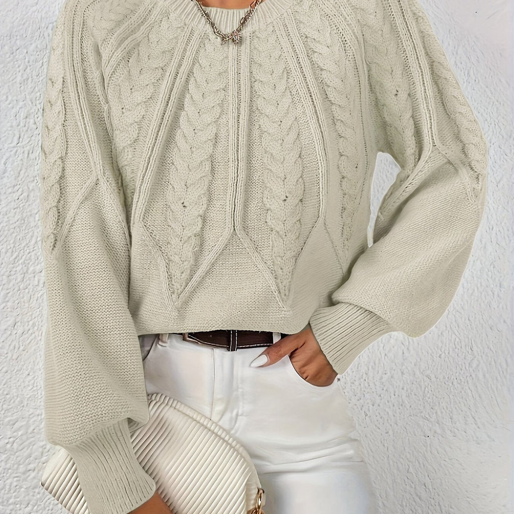 Pull en Tricot à Câbles pour Femme avec Col Rond et Manches Raglan