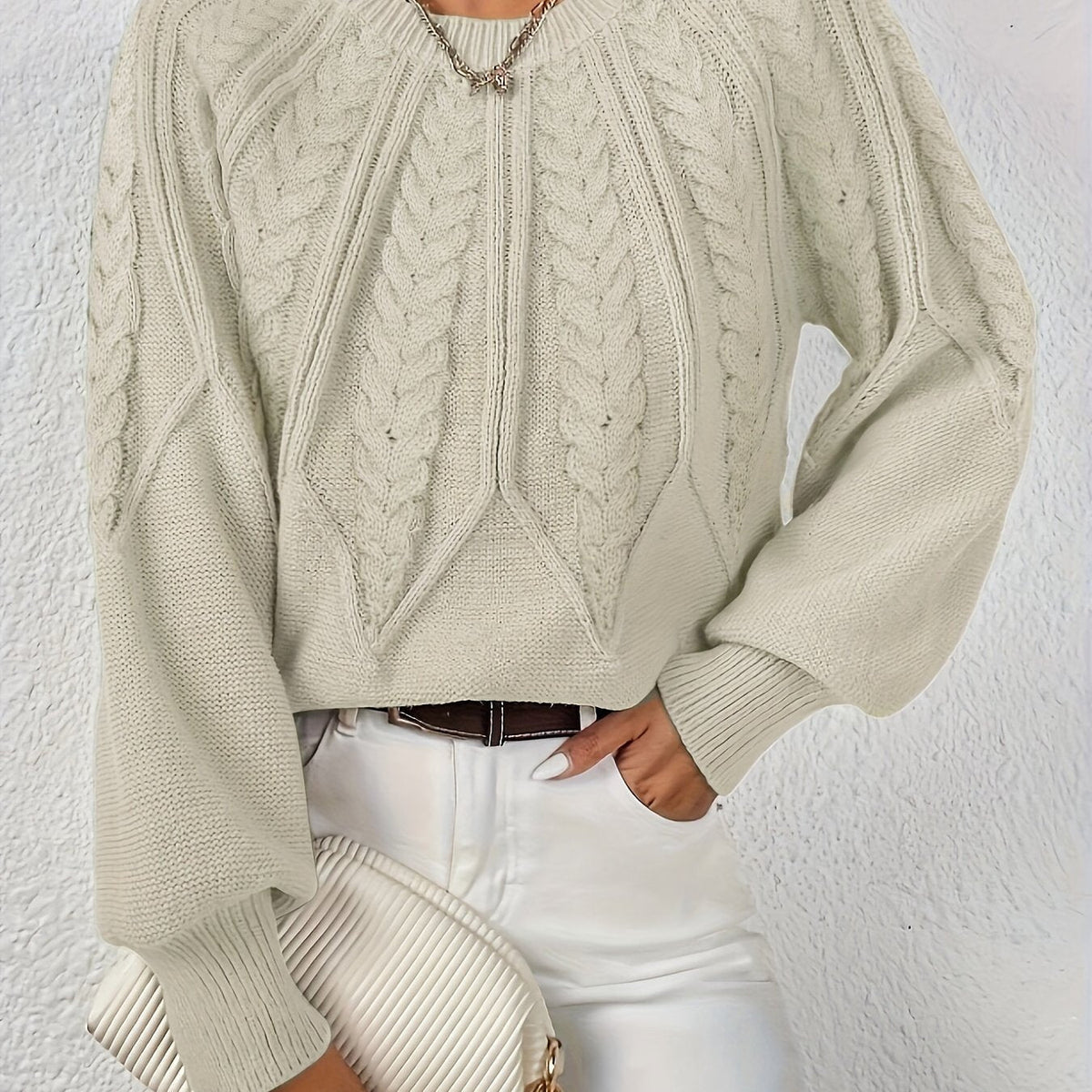 Pull en Tricot à Câbles pour Femme avec Col Rond et Manches Raglan