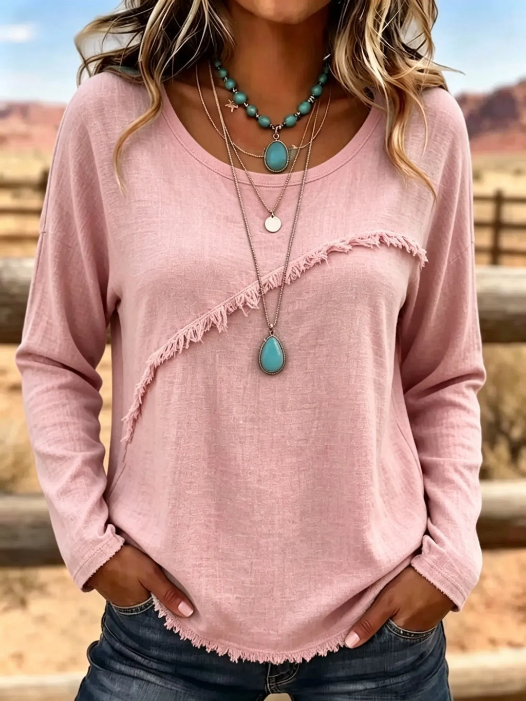 Blouse femme bohème à franges et col rond
