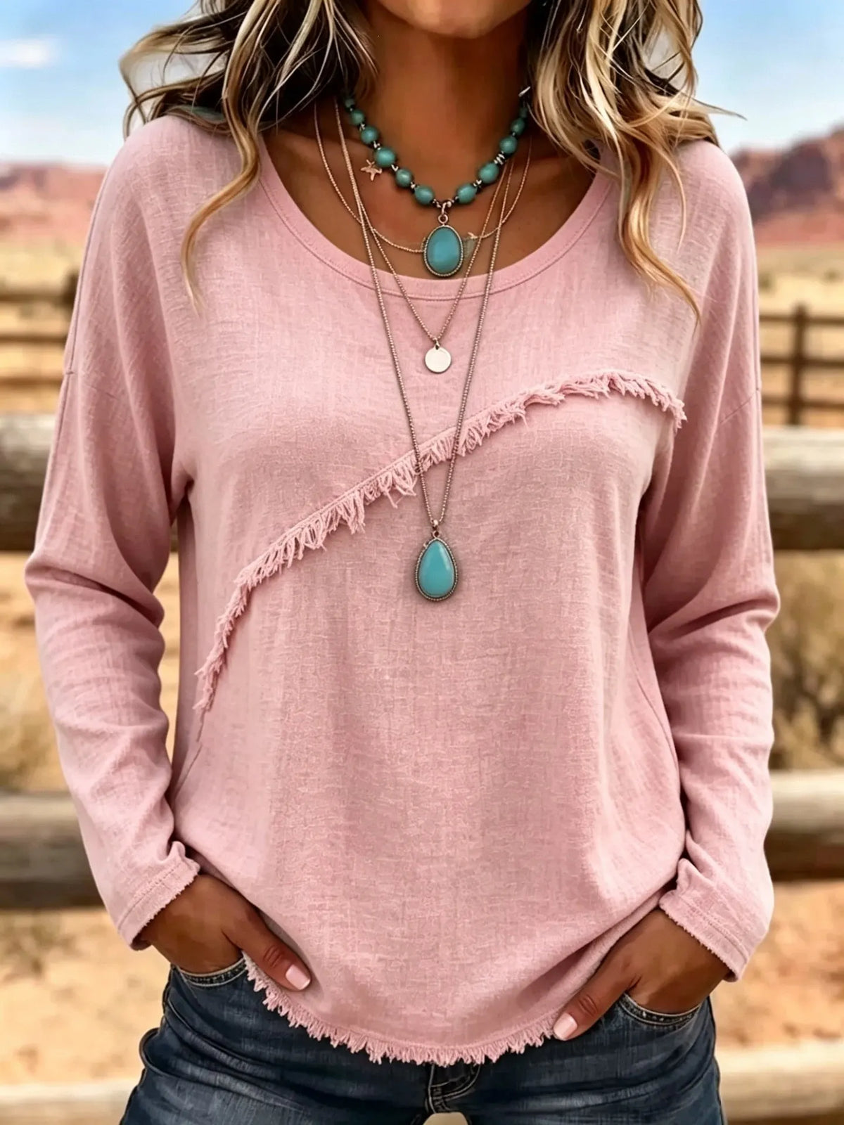 Blouse femme bohème à franges et col rond
