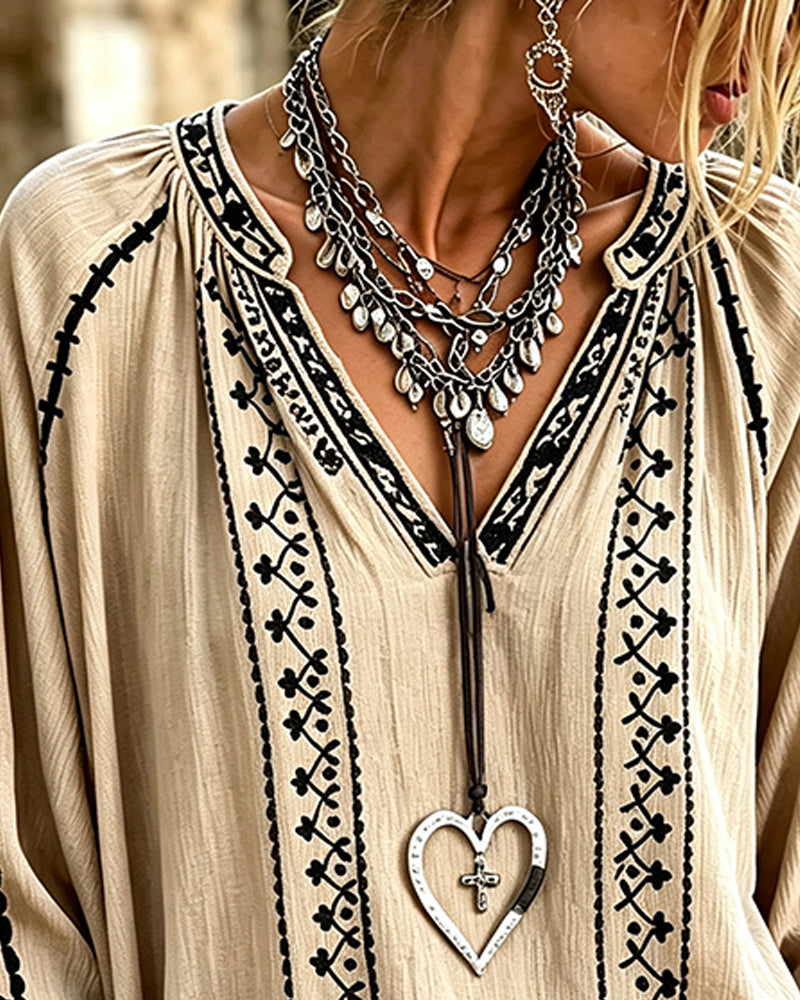 Blouse Col En V Ethnique Manches Mi-Longues Décontractée