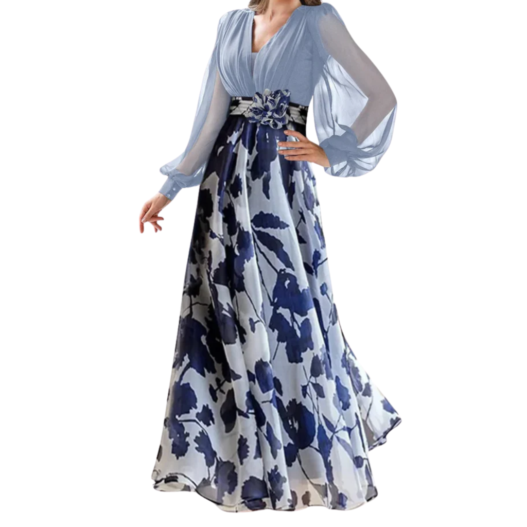 Robe de Soirée Wedding Guest Dress Fleurie avec Manches Ballons et Col en V