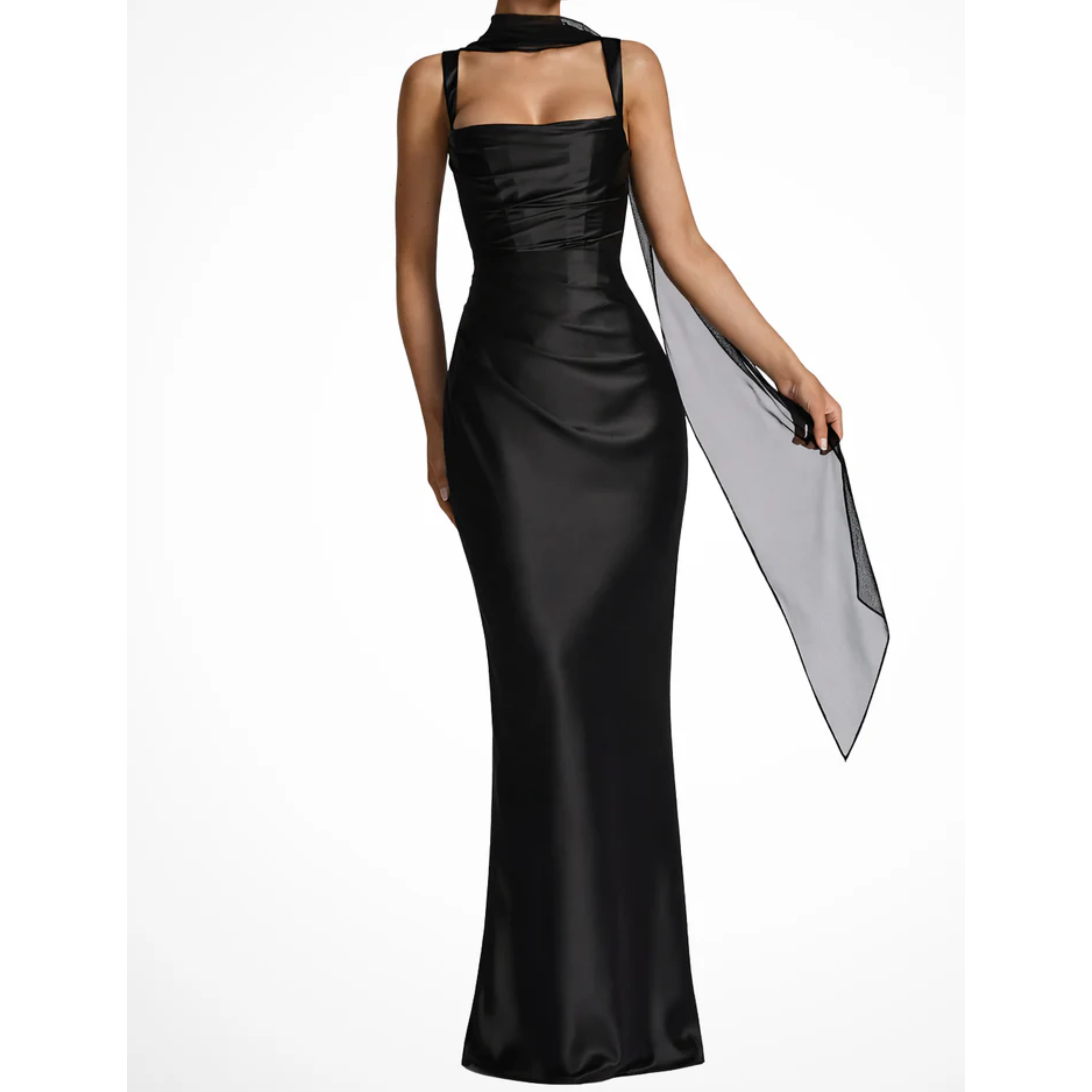 Robe Maxi Satinée à Encolure Carrée pour Invitée de Mariage avec Gants