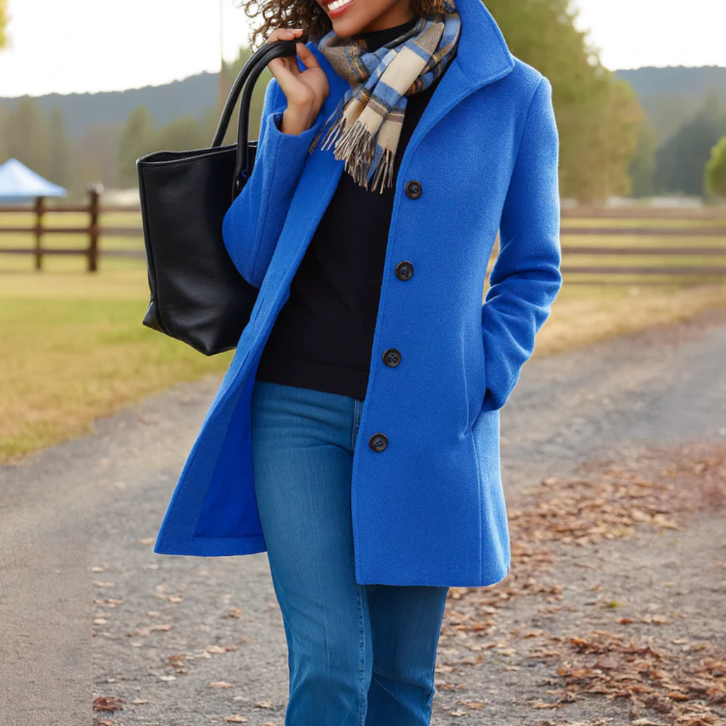 Manteau long femme boutonné à col montant élégant