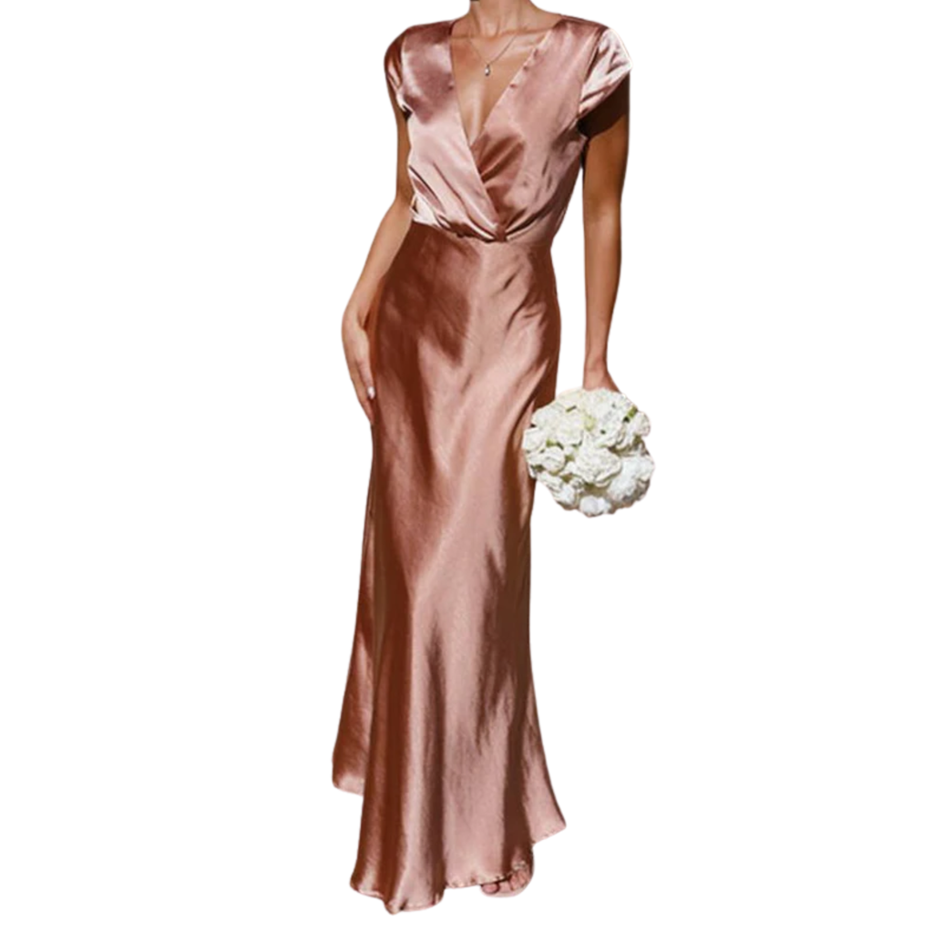 Robe Longue en Satin pour Femme avec Col en V et Manches Courtes Style Cape