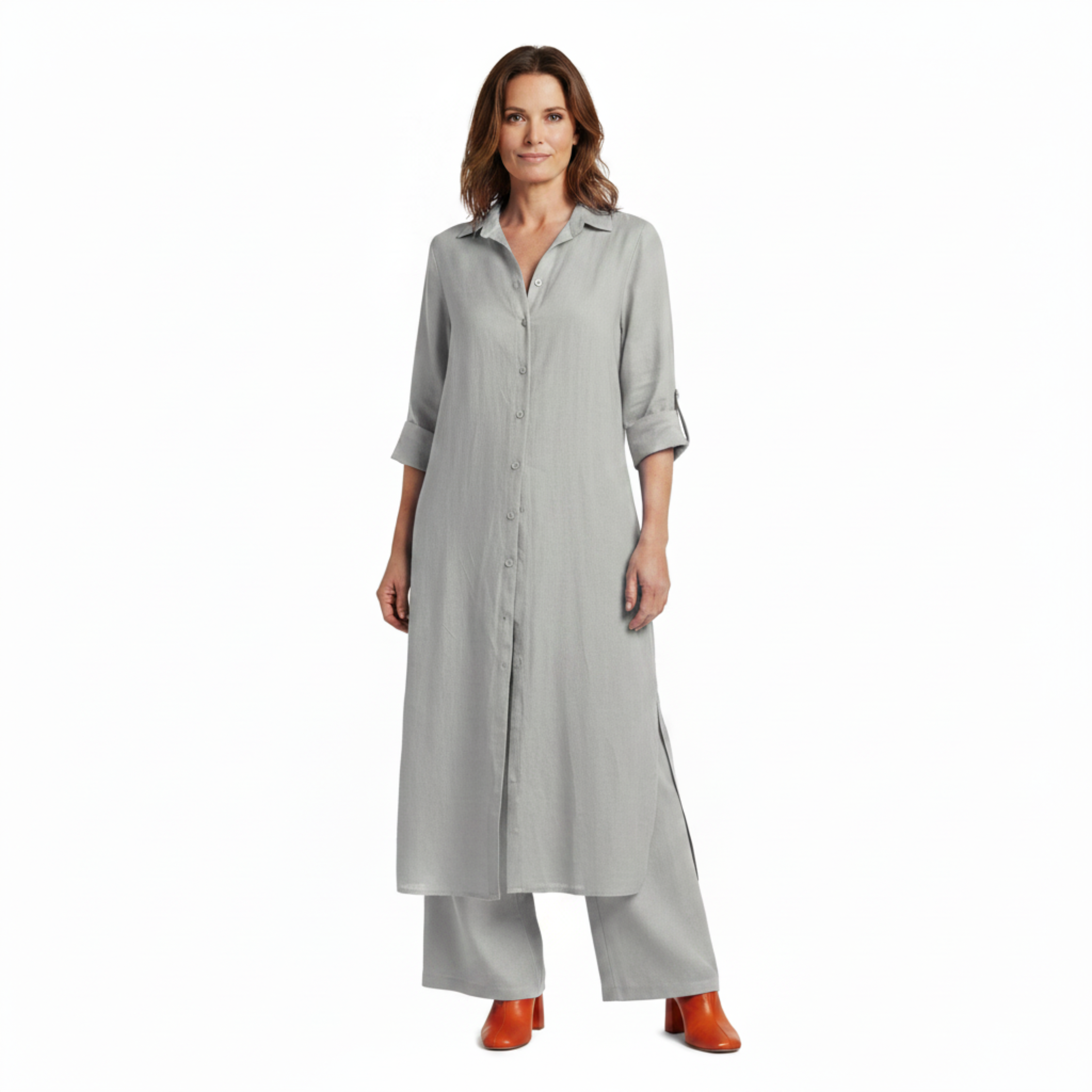 Ensemble Coordonné Chemise Longue à Boutons et Pantalon Large en Lin Mélangé