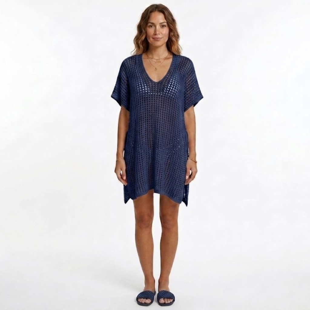 Tunique de Plage Women's Beach Cover Up en Maille Crochetée à Manches Courtes