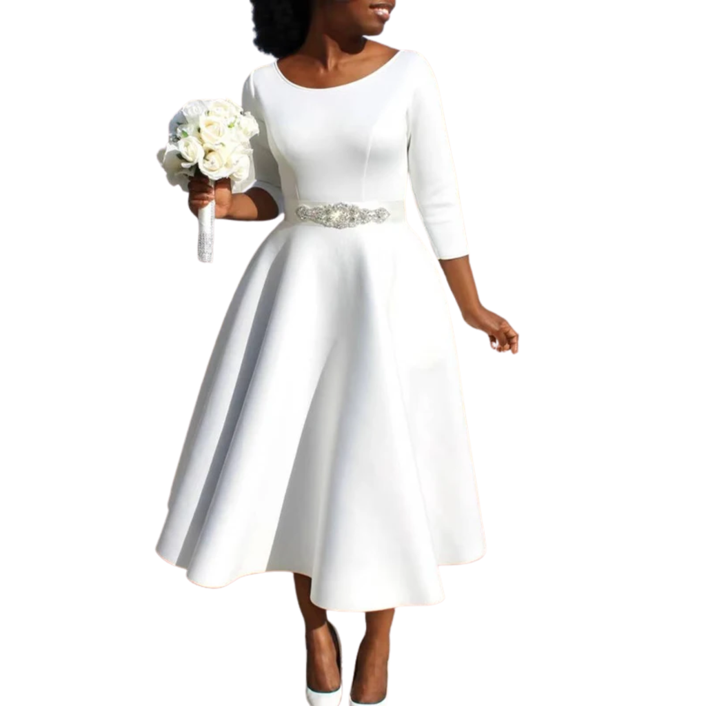 Robe de Soirée Midi Évasée à Manches 3/4 pour Invitée de Mariage