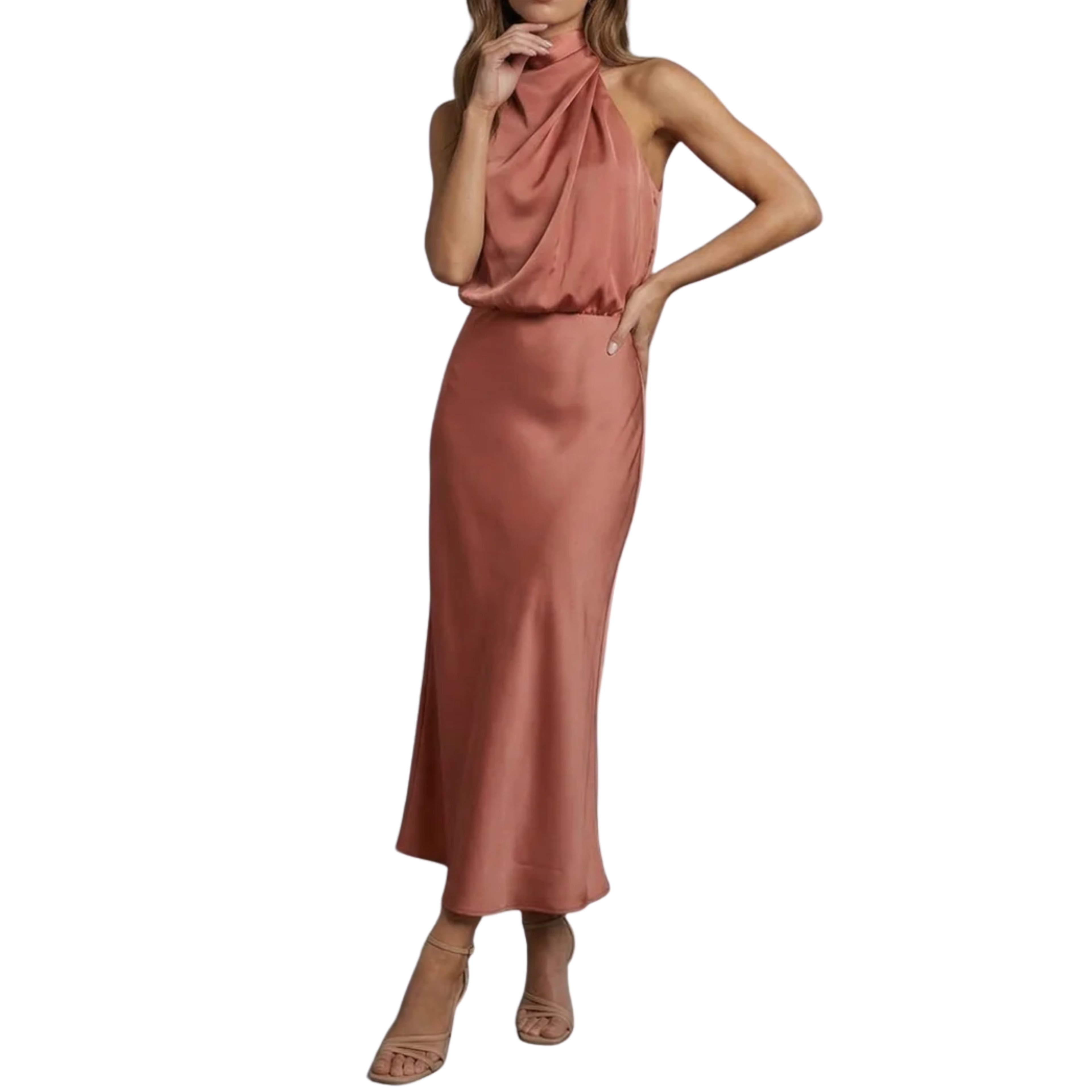 Robe de Soirée Wedding Guest Dress Satinée à Dos Nu et Encolure Américaine
