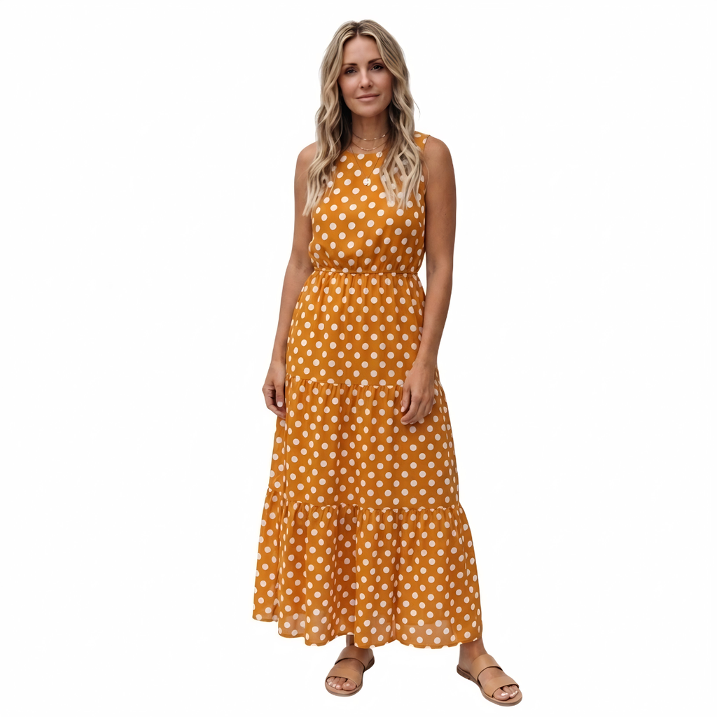 Robe à Pois sans Manches Coupe Midi Évasée et Col Rond pour Femme