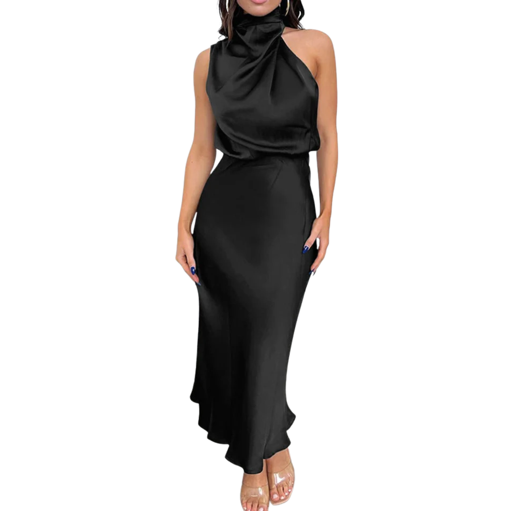Robe Midi en Satin avec Col Drapé et Design à Dos Nu