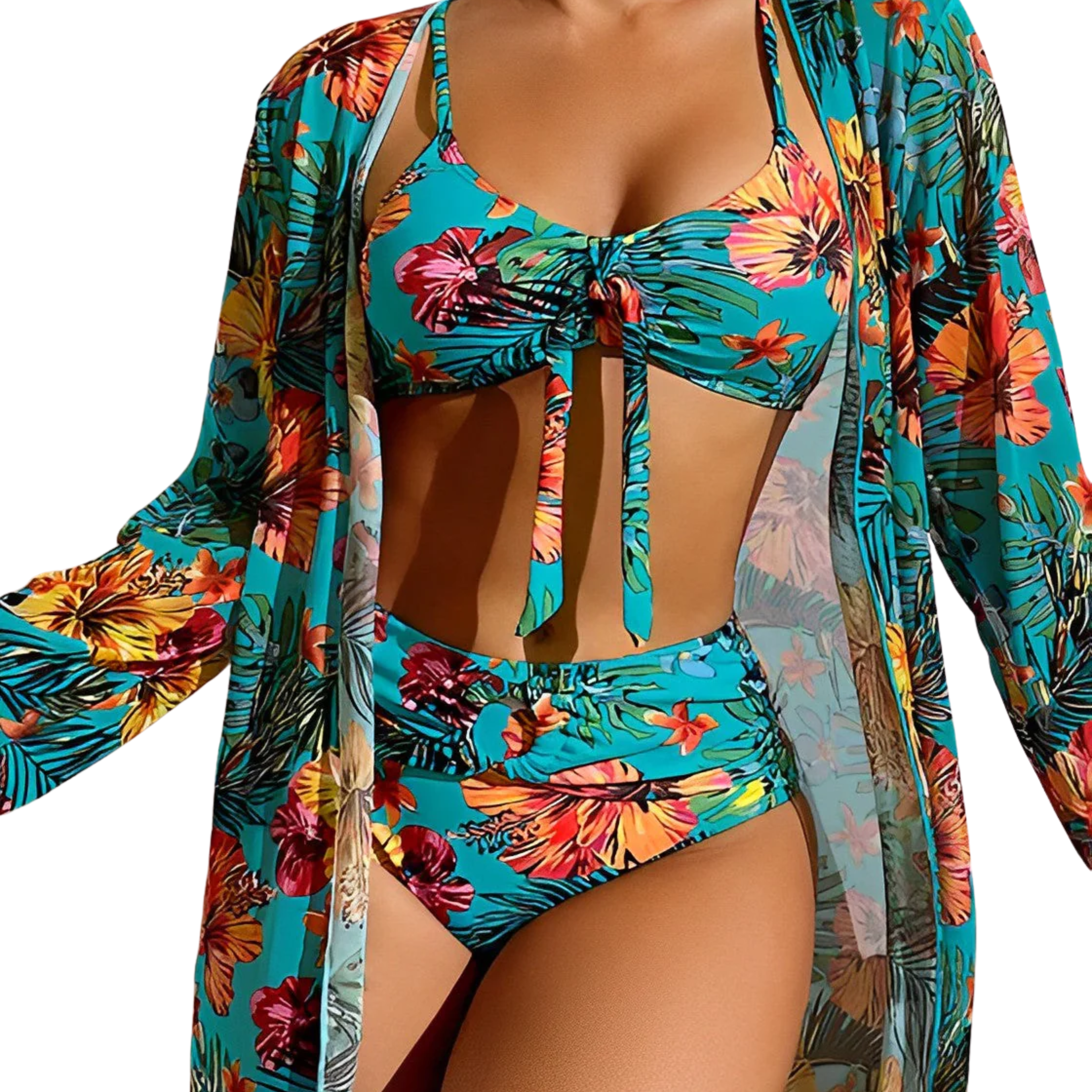 Ensemble Bikini 3 Pièces pour Femme avec Kimono Assorti et Motif Floral