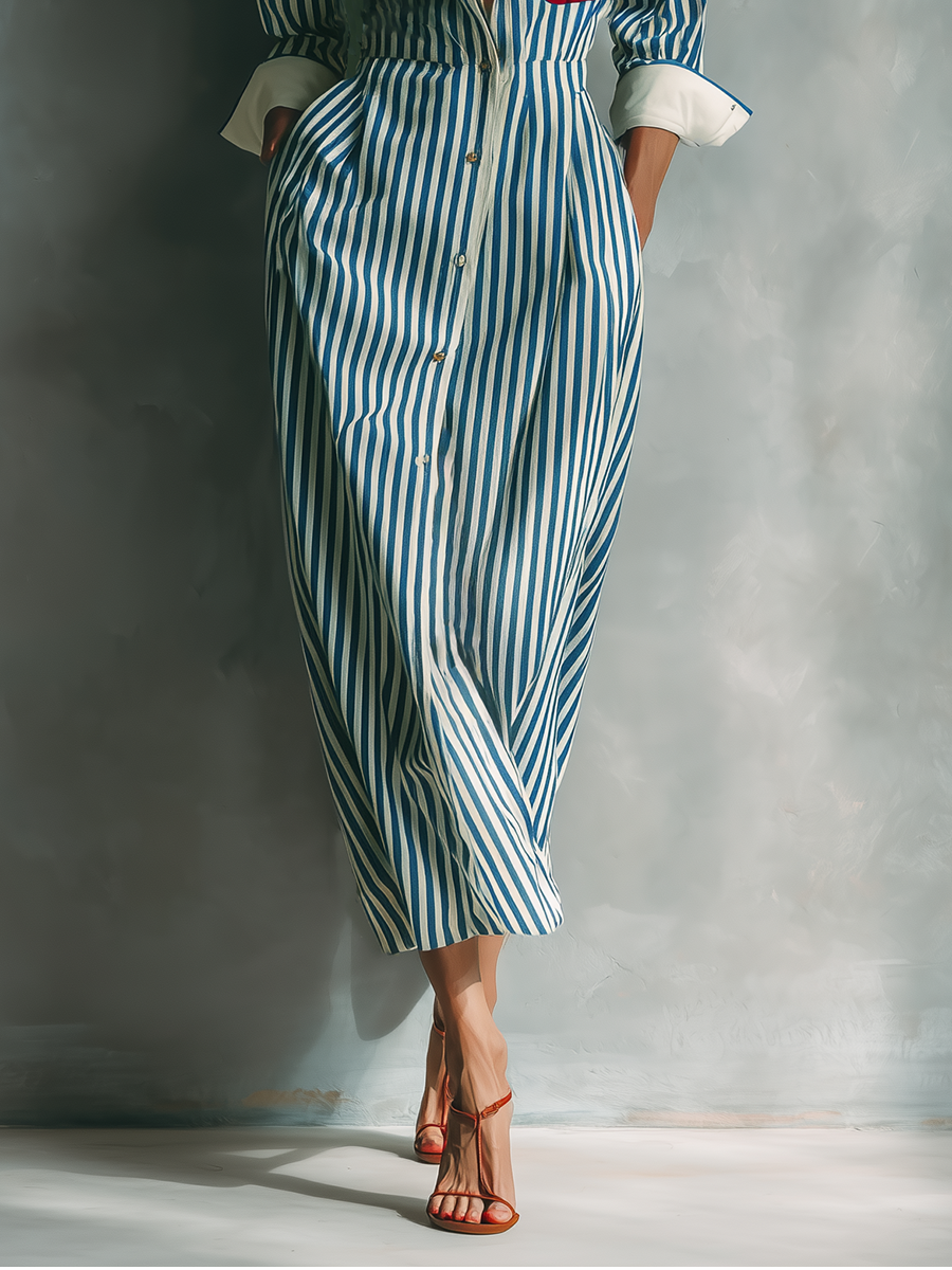 Robe chemise pour femmes en bleu et blanc avec poche poitrine rouge
