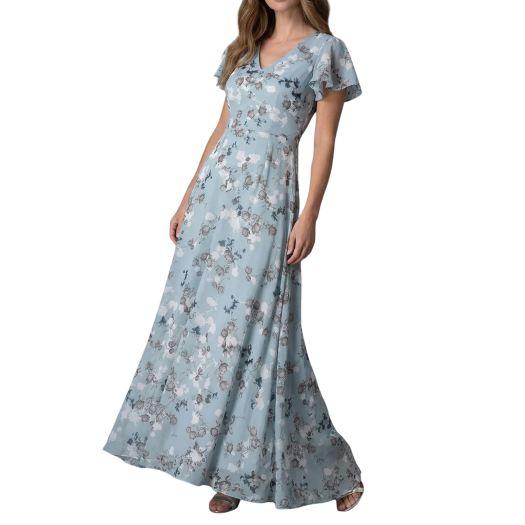 Robe de Soirée Invité de Mariage Longue en Mousseline à Manches Papillon