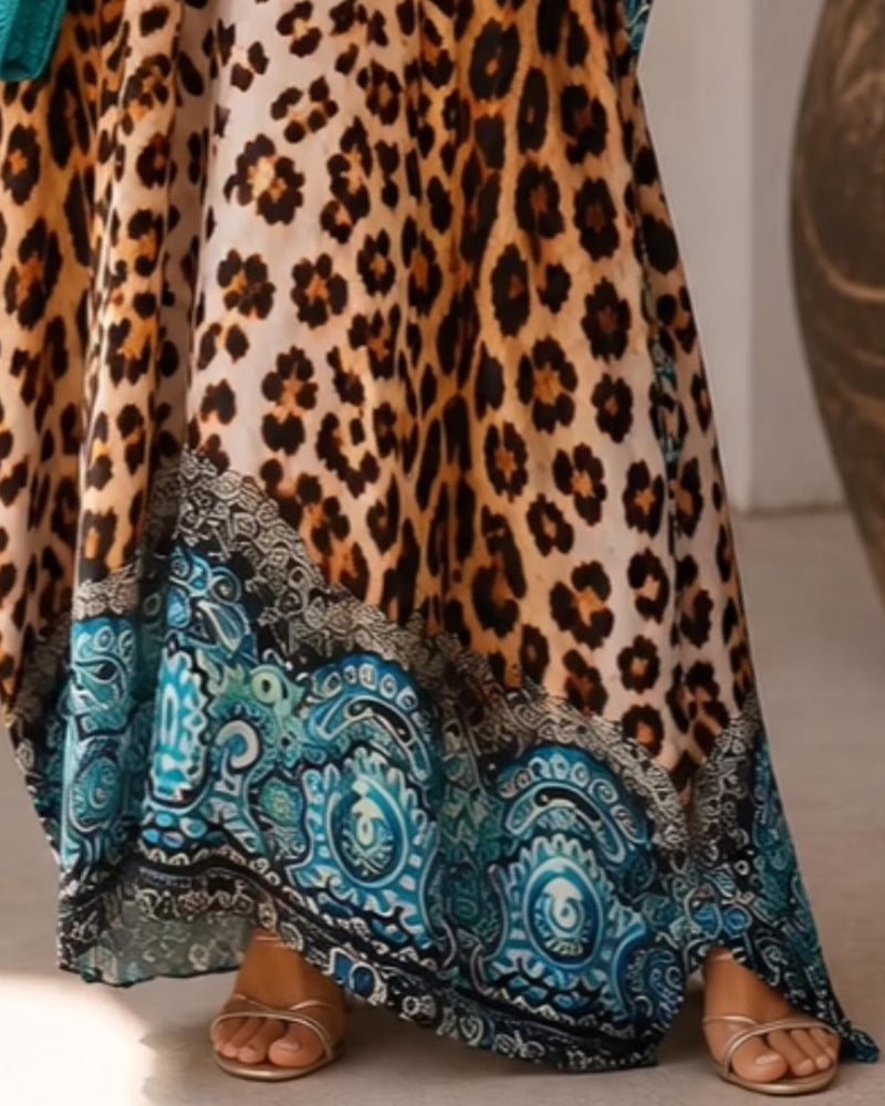 Robe Col V Léopard Imprimé Évasé Contraste Couleur