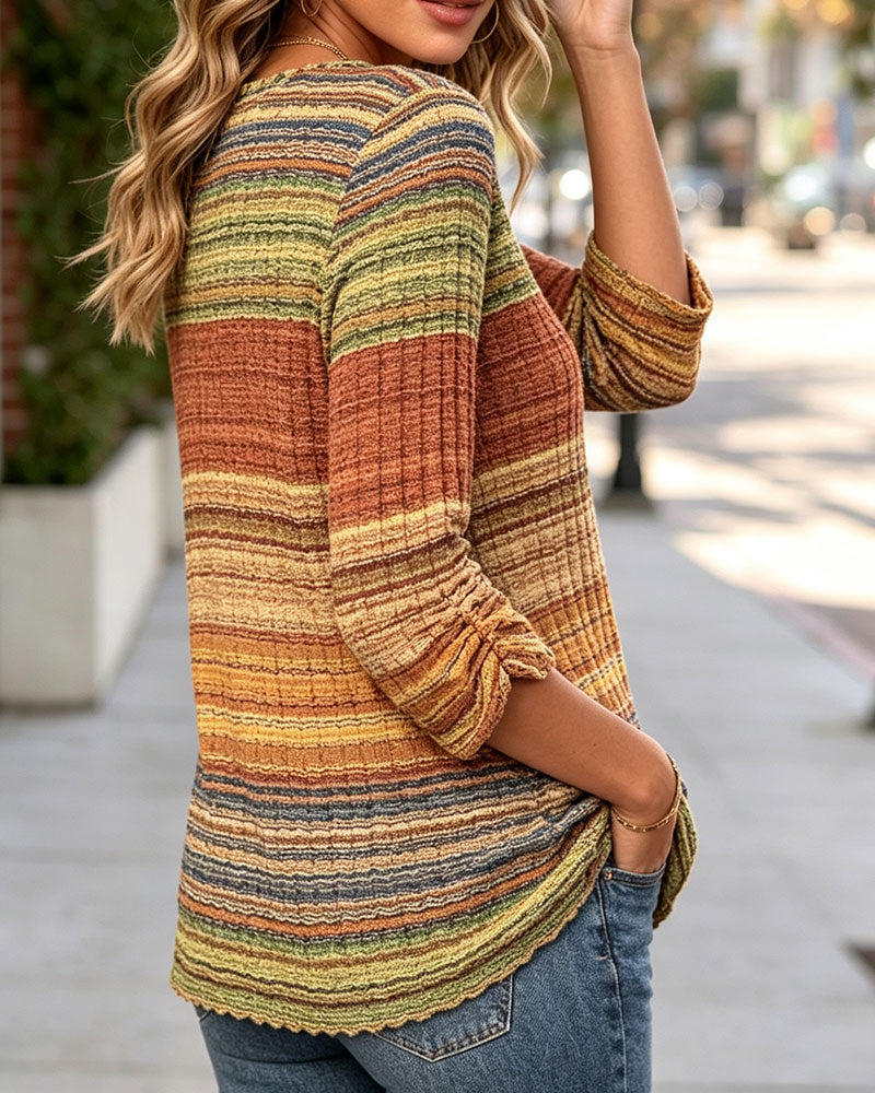 Haut Vintage Rayé Texture Manches Longues
