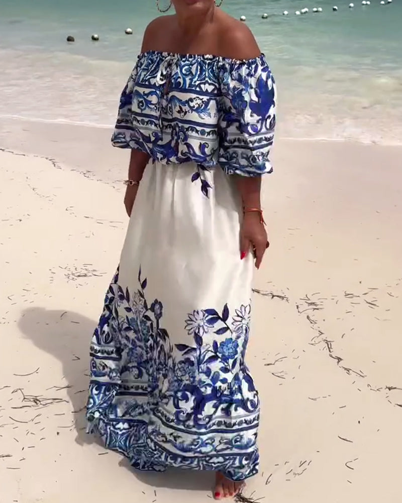 Robe de Resort Imprimée à Épaules Dénudées