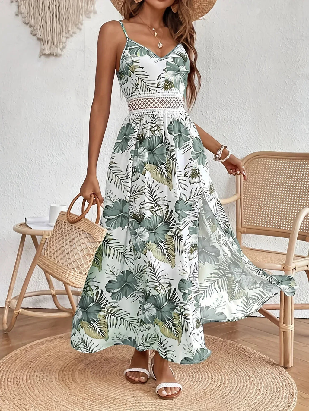 Robe Longue À Fines Bretelles Avec Imprimé Floral Et Fente Latérale Pour Femmes | Idéal Pour Été Et Vacances