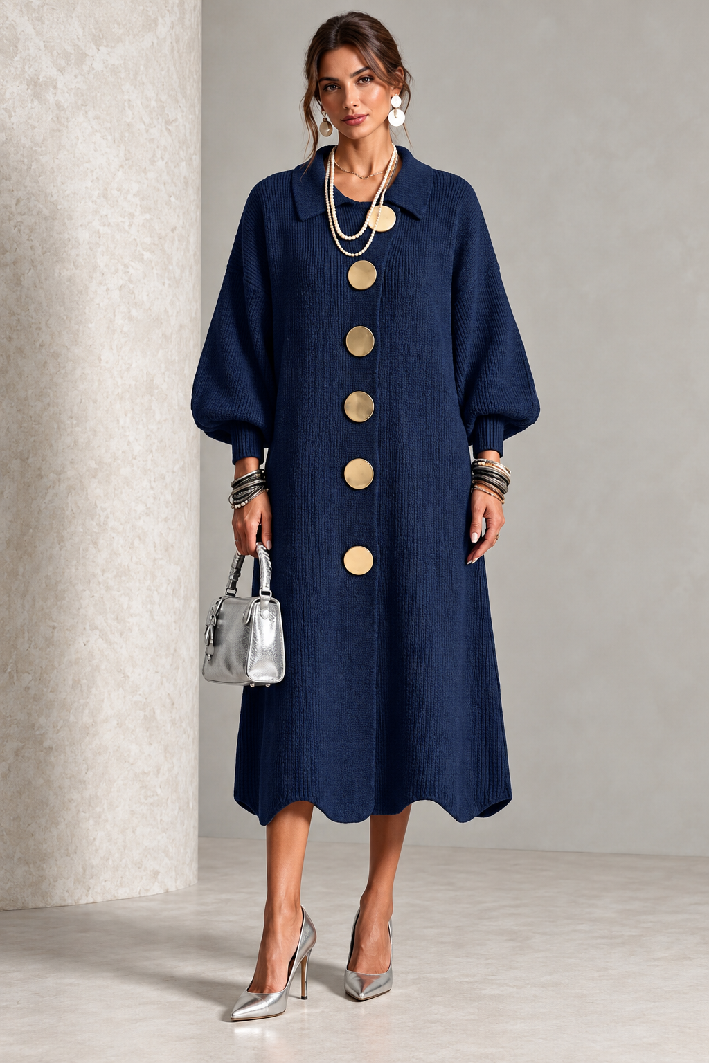 Robe midi femme en tricot avec boutons dorés