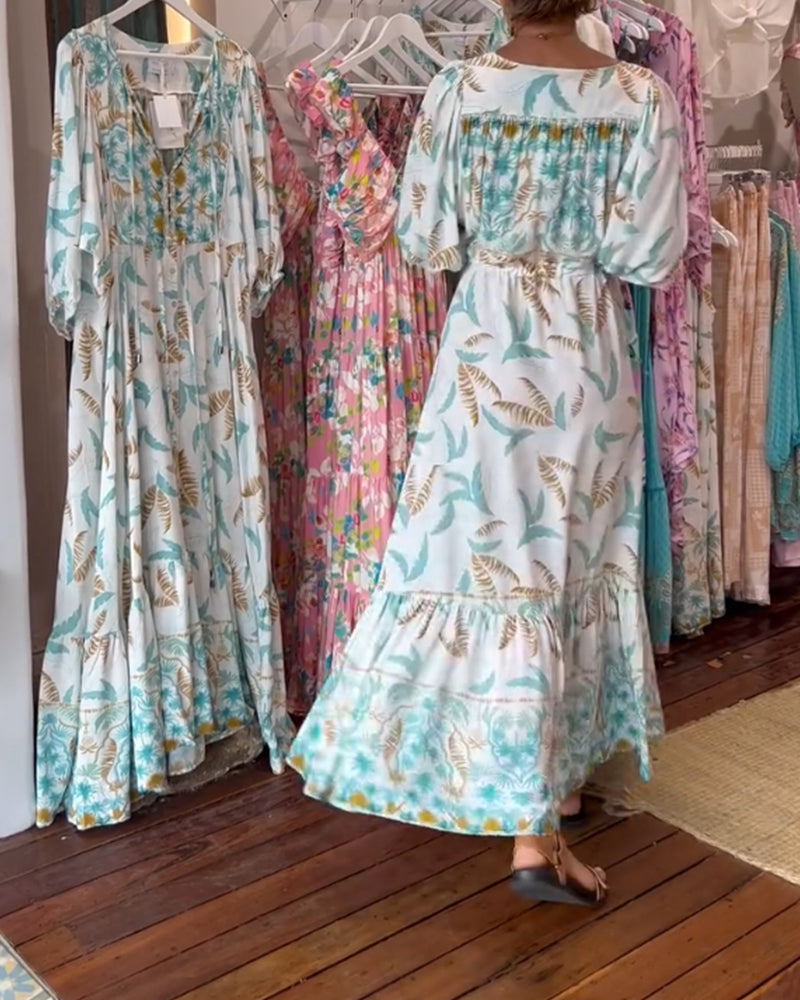 Robe maxi à imprimé feuilles avec décolleté en V pour femmes