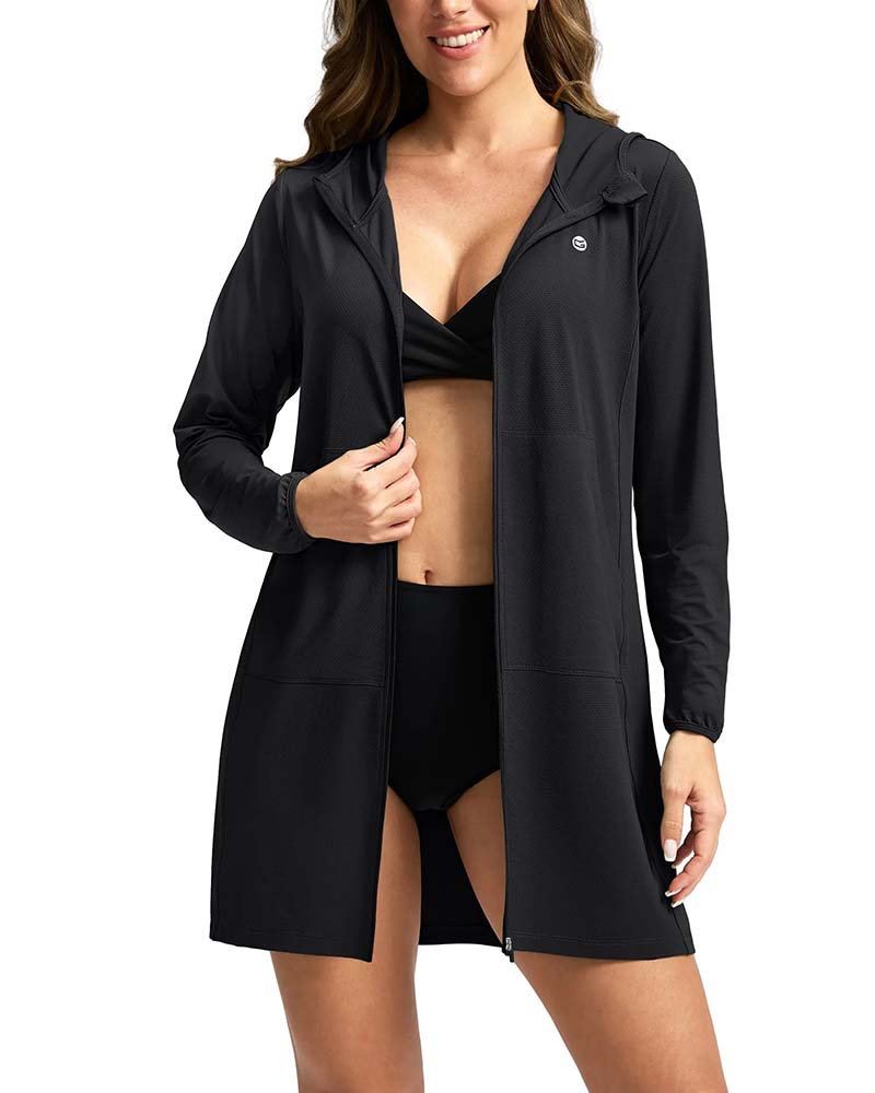 Manteau Manches Longues Capuche Poche Zip Protection Solaire