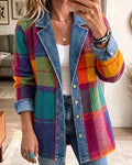 Manteau en Patchwork Denim à Col Revers Boutonné et Rayures de Couleur