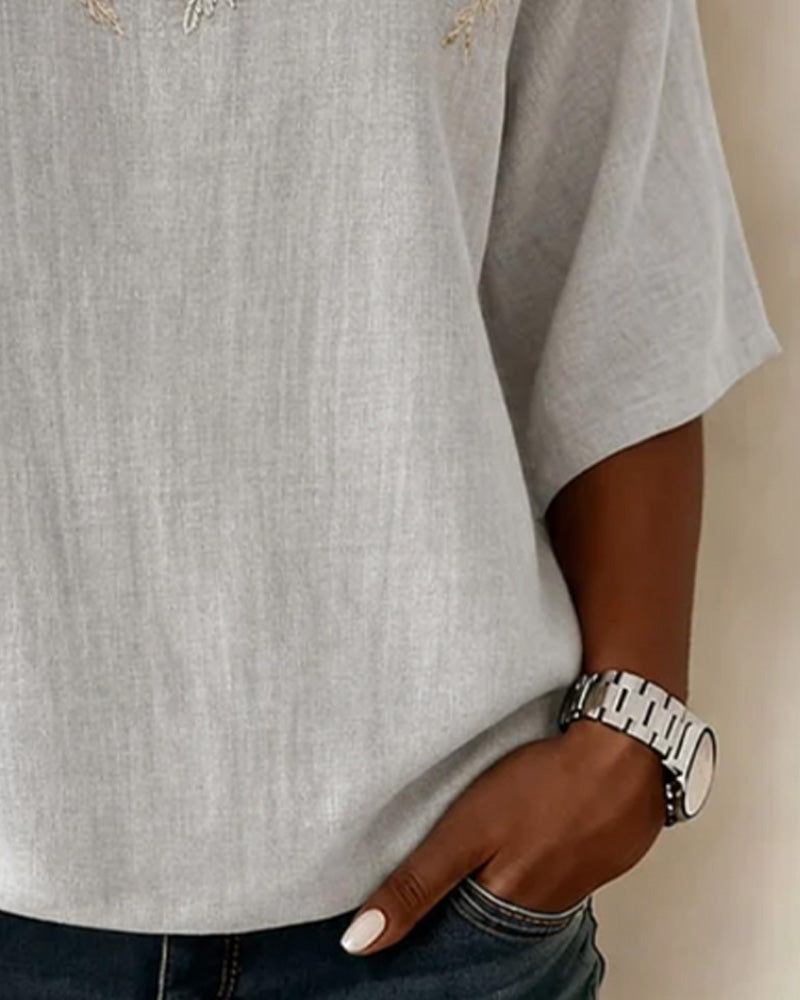 Blouse Col Rond Manches Mi-Longues Motif Feuille