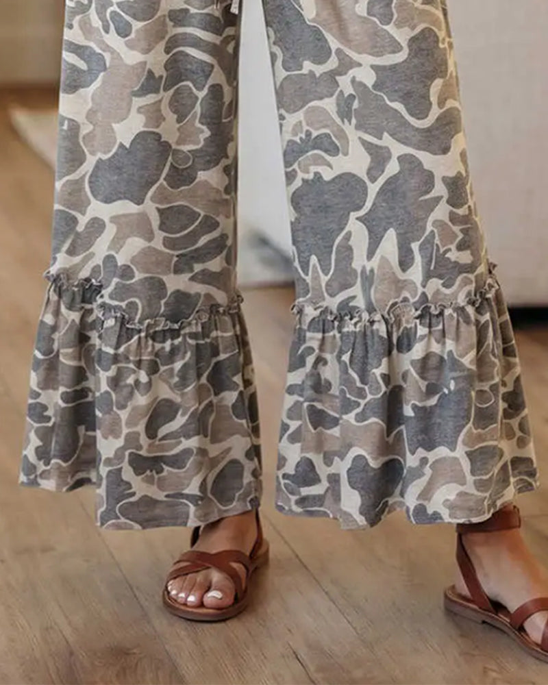 Pantalon Taille Élastique Camouflage Volant Capri