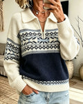 Pull à col revers avec fermeture éclair et motif losanges contrasté