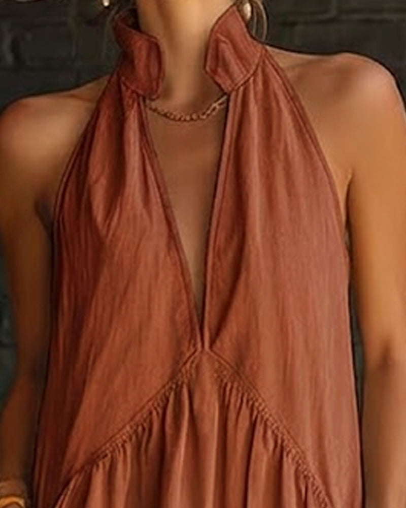 Robe Maxi Sans Manches en Coton 100% à Col Montant de Couleur Unie