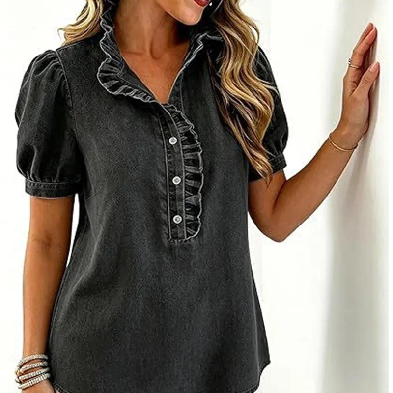Haut femme en denim avec col volanté et manches bouffantes