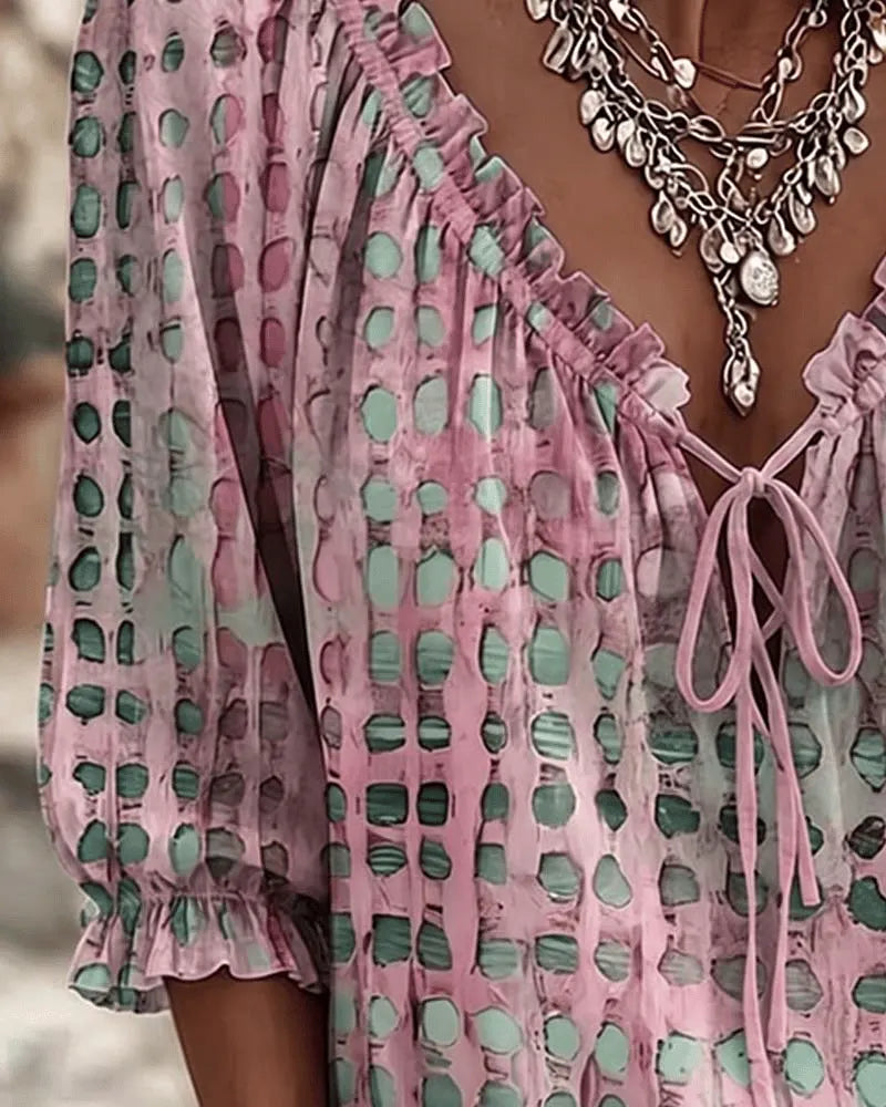 Blouse femme bohème à pois avec col V noué